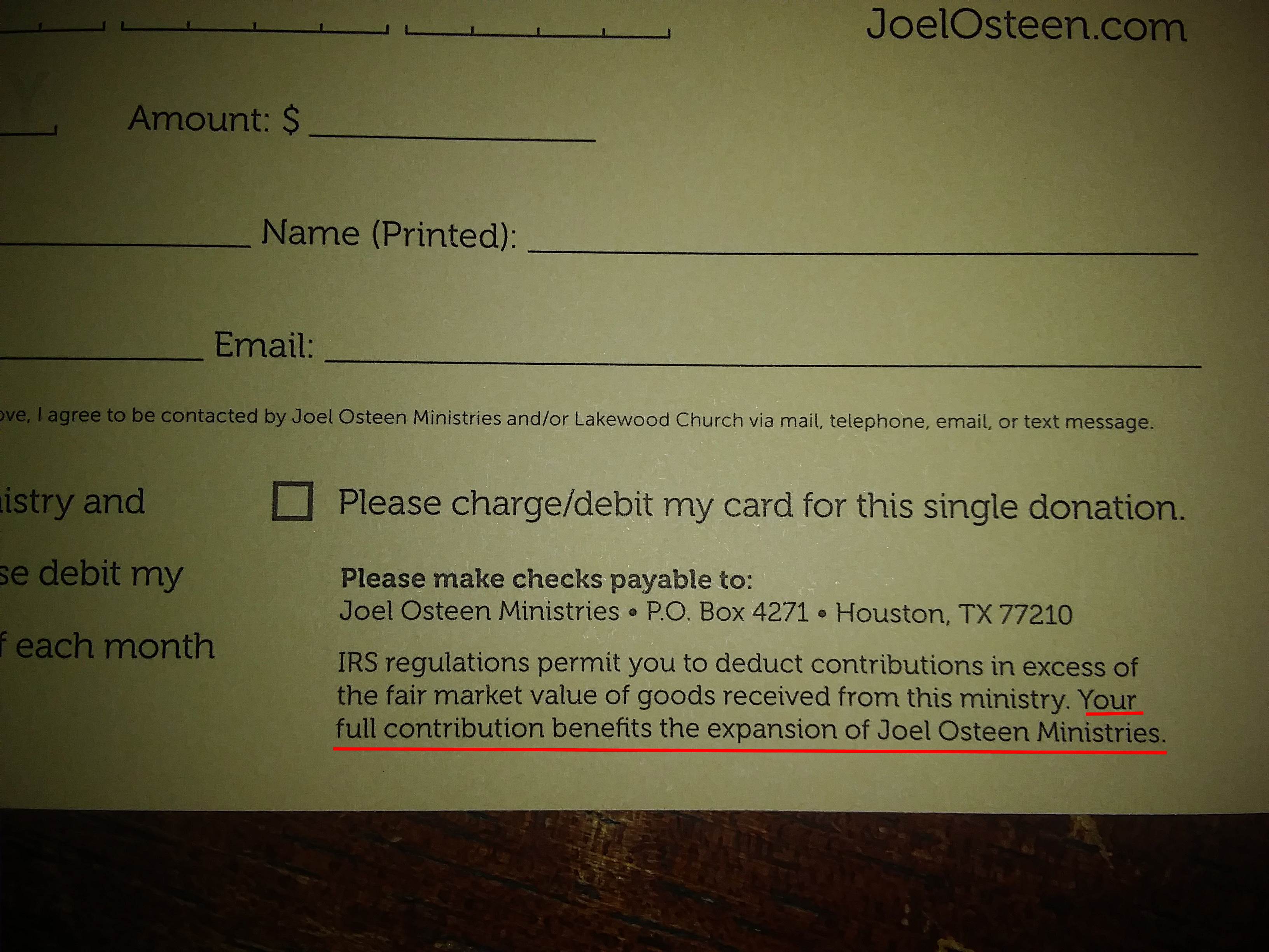 joel osteen donation card